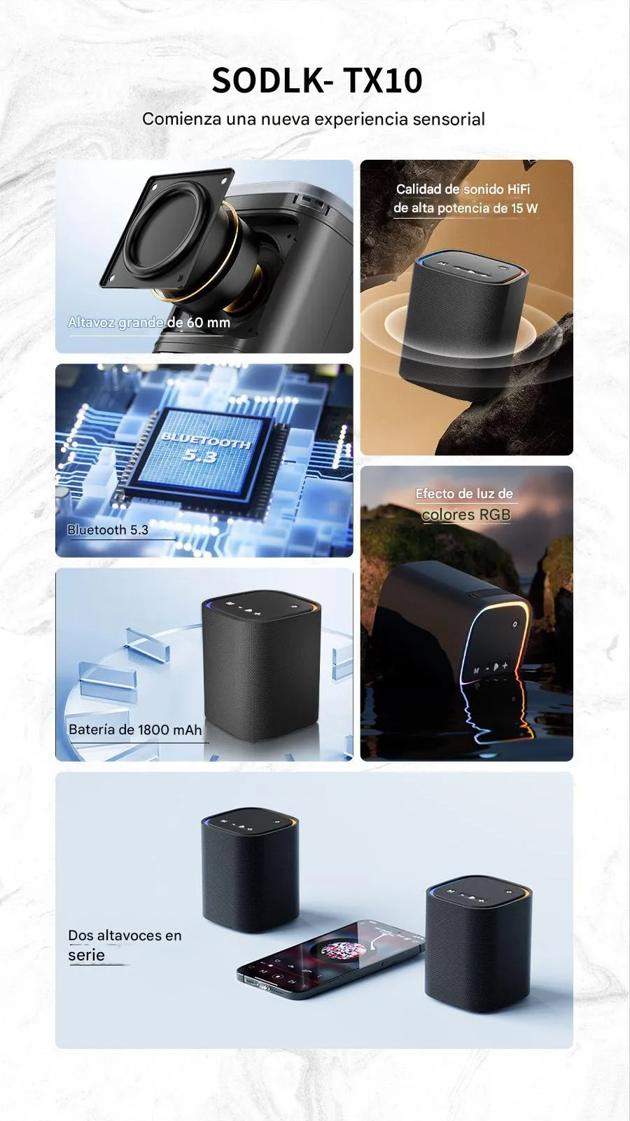 Imagen descriptiva del producto Parlante Altavoz Bluetooth 5.3 Inalámbrico 15W IPX5 TWS SODLK TX10